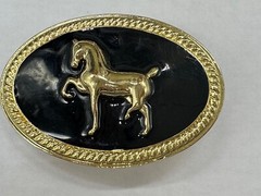 BELT BUCKLE GOLD TONE BLACK ENAMEL HORSE SIGNED FORNASH MEN WOMEN UNISEX