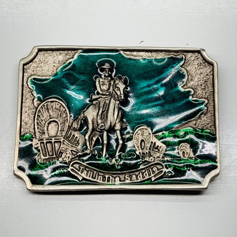 Western Cowboy Horse Covered Wagon Belt Buckle Silver Tone Green Enamel 3.75&Prime;