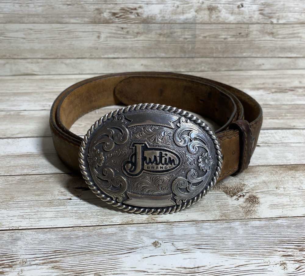 Justin Belt Mens Brown Leather Silver Tone Buckle Floral Scroll Western Cowboy