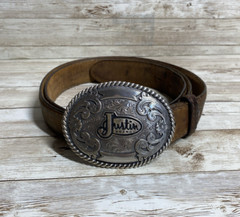 Justin Belt Mens Brown Leather Silver Tone Buckle Floral Scroll Western Cowboy