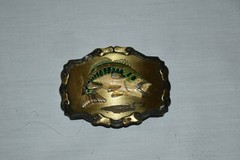 Vintage SOLID Metal RAIN TREE FISHING Colorful BASS BELT BUCKLE EUC