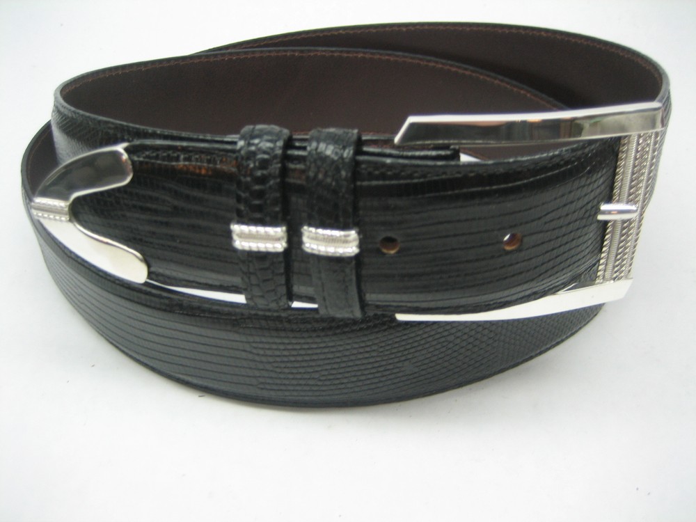 STERLING SILVER 925 BUCKLE TWO LOOP AND TIP SET & GENUINE LIZARD 1.5&Prime; BELT U.S.A