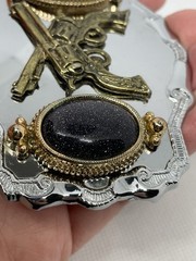 Western Belt Buckle Gun Pistol + Stones Metal (Silver Color) 3.5” x 2.5”