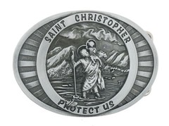 Saint St. Christopher Protect Us Christian Metal Belt Buckle
