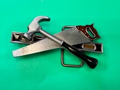 Tools Hammer Saw Meter Stick Carpenters Contractor&rsquo;s Figural Cutout Belt Buckle