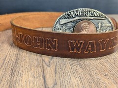 Vintage ~ John Wayne Hand Tooled Leather Belt w/ Solid Brass JW American Buckle