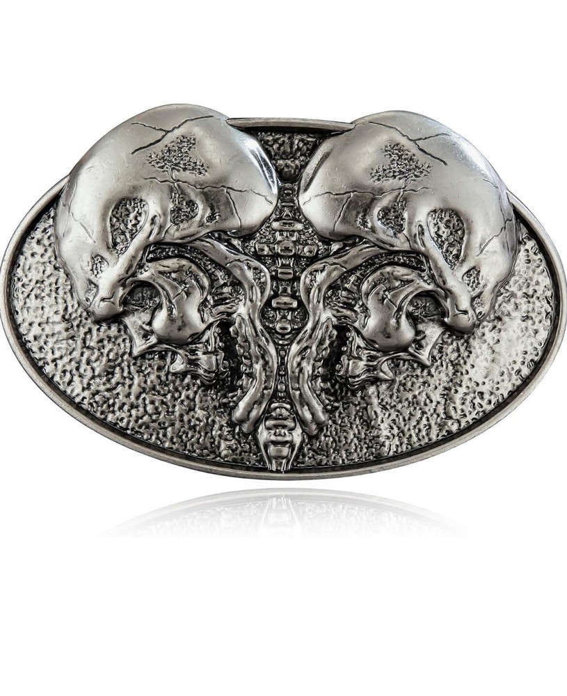Double Skull Belt Buckle for Men, American Western Cowboy, Punk, Gothic, Silver