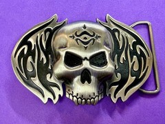 Skull with Flames Cutout Silver & Black Color Silver Moon Creations Belt Buckle