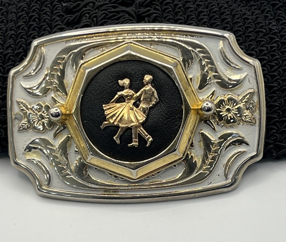 Western White Enamel Gold Tone Belt Buckle Couple Dancing Dance Floral Scroll
