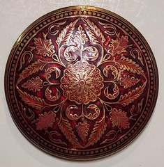Vintage Red Enamel Floral Damascene Style Round Belt Buckle India 4.75”