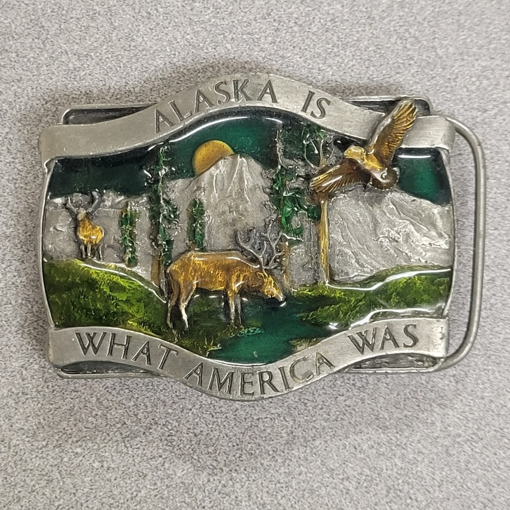 VTG Alaska Belt Buckle What America Was Bergamot Brass & Enamel Silver Tone 1981