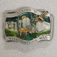 VTG Alaska Belt Buckle What America Was Bergamot Brass & Enamel Silver Tone 1981