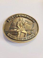NRA LIFE MEMBER Oval Solid Brass « Right To Keep and Bear Arms » Belt Buckle