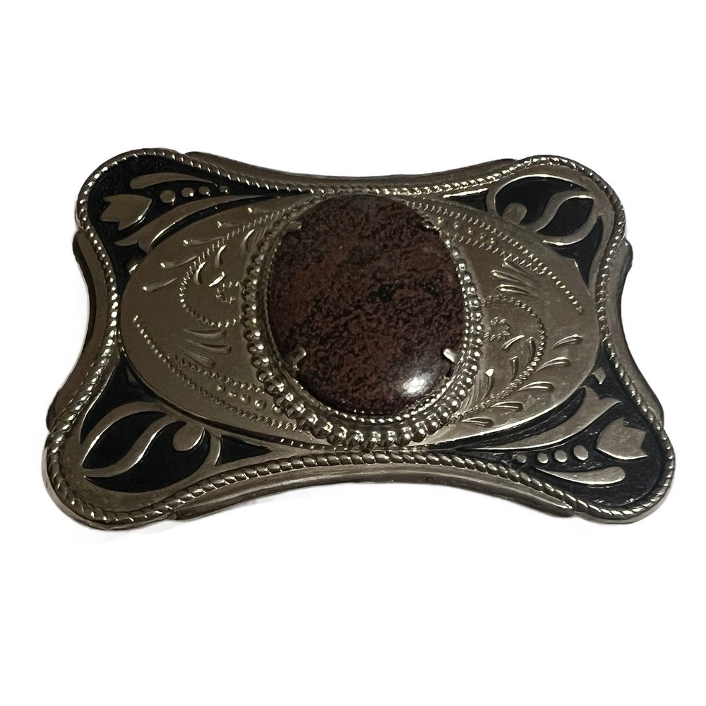 VTG Silver Tone Filigree with Brown Acrylic Stone Metal Vintage Belt Buckle