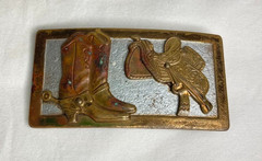Very Rare Vintage Western Brass Saddle & Buckaroo Boots Cowboy Belt Buckle