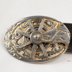 Vtg Rotating Spur Belt Buckle Tribal Embroidered Black Silver Tone Whipstitch