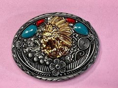 Native American Indian Chief in Head Dress Faux Turquoise & Coral Belt Buckle