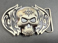 Skull with Flames Cutout Silver & Black Color Silver Moon Creations Belt Buckle