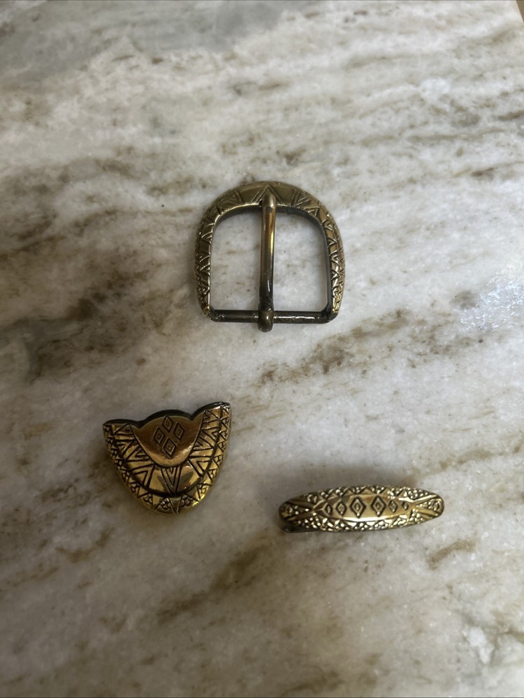 Western Belt Buckle Three Piece Set Antique Brass Art Deco Design Unisex 1 1/2&Prime;
