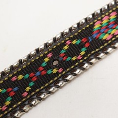 Vtg Rotating Spur Belt Buckle Tribal Embroidered Black Silver Tone Whipstitch