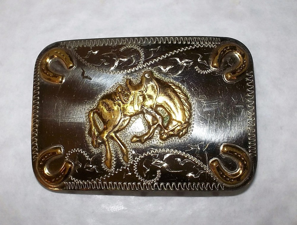 Vtg DENVER BUCKLE MFG Nickel SILVER Brass BRONCO Rodeo HORSE Shoes WESTERN Belt
