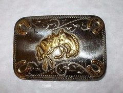 Vtg DENVER BUCKLE MFG Nickel SILVER Brass BRONCO Rodeo HORSE Shoes WESTERN Belt