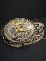 Vintage Artes Valenzuela AV Rodeo Horse Buckle & Charro Belt Mexico