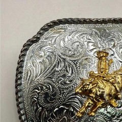 Vintage Silver Tone Plated Belt Buckle Bull Riding Western Cowboy