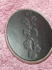 Skull With Roses & Brambles Belt Buckle on Stamped Black Leather 3.75&Prime; x 3&Prime;