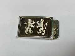 Crowned Griffon Lion&rsquo;s Family Crest Graphic Faux Wood Grain Belt Buckle