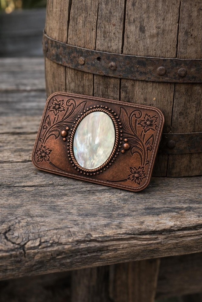 Mother of Pearl Shell Belt Buckle Bronze Engraved Floral Fits 1.5 Inch Belt