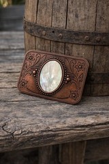 Mother of Pearl Shell Belt Buckle Bronze Engraved Floral Fits 1.5 Inch Belt
