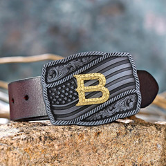Western Cowboy Initial Letters A-Z American Flag Belt Buckle for Men Fathers Day