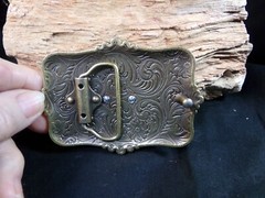 Men&rsquo;s Belt Buckle &lsquo;Cowboy Prayer,&rsquo; Brass with Silver Tone Cowboy, Horse & Cross