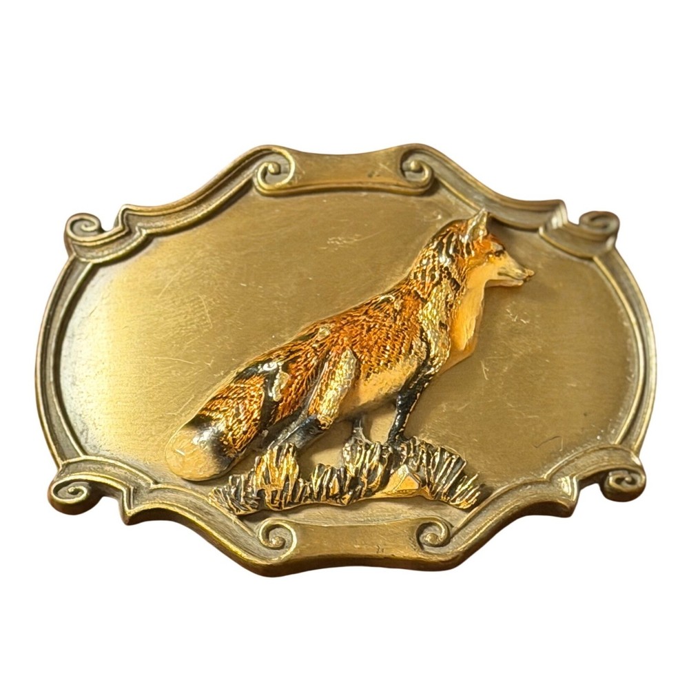 Vtg 1980 Raintree Red Fox Belt Buckle Brass Tone Wildlife 3D Relief Scalloped
