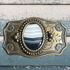 Vtg Western Brass Belt Buckle Banded Agate Stone Cabochon Scrollwork Cowboy Boho