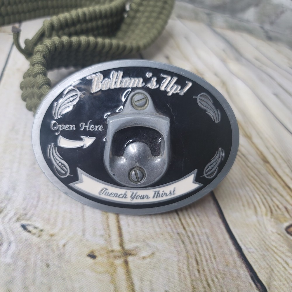 Bottoms Up Black White Belt Buckle and Bottle Opener Quench Your Thirst 44&Prime; Belt