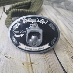 Bottoms Up Black White Belt Buckle and Bottle Opener Quench Your Thirst 44&Prime; Belt