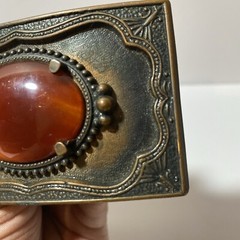 VTG Faux Gemstone Gold Stone Western Cowboy Buckle Copper Tone