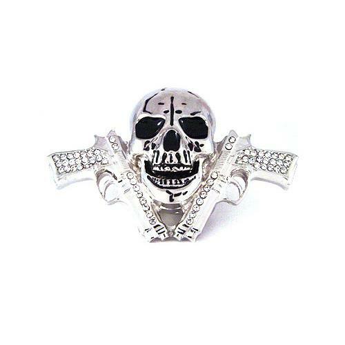 Skull Skeleton Head Revolver Hand Gun Rhinestone Silver Chrome Metal Belt Buckle