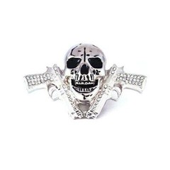 Skull Skeleton Head Revolver Hand Gun Rhinestone Silver Chrome Metal Belt Buckle