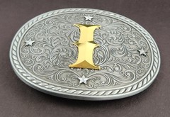 Western Belt Buckle Initial Letter I Two Tone Pewter And Gold Oval