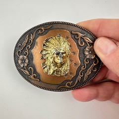 Western Copper Tone Belt Buckle Native Chief Head Oval Floral Scroll