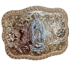 Virgen De Guadalupe Western belt Buckle Rosetone Silver Heavy Rhinestone accent