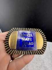 Vintage Nickel Rate Road Gold Tone Buckle Enamel Railroad