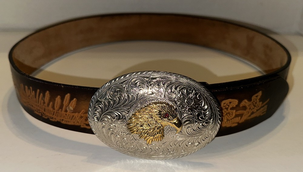 Tooled Leather Belt Size 30 Duck Hunting Crumrine Bronze Eagle Eye Gem Buckle