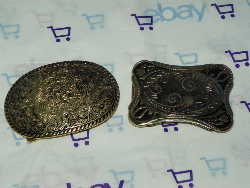 YOUTH WESTERN BELT BUCKLES METAL ONE GOLD TONE ONE SLIVER AND BLACK (2) L@@K