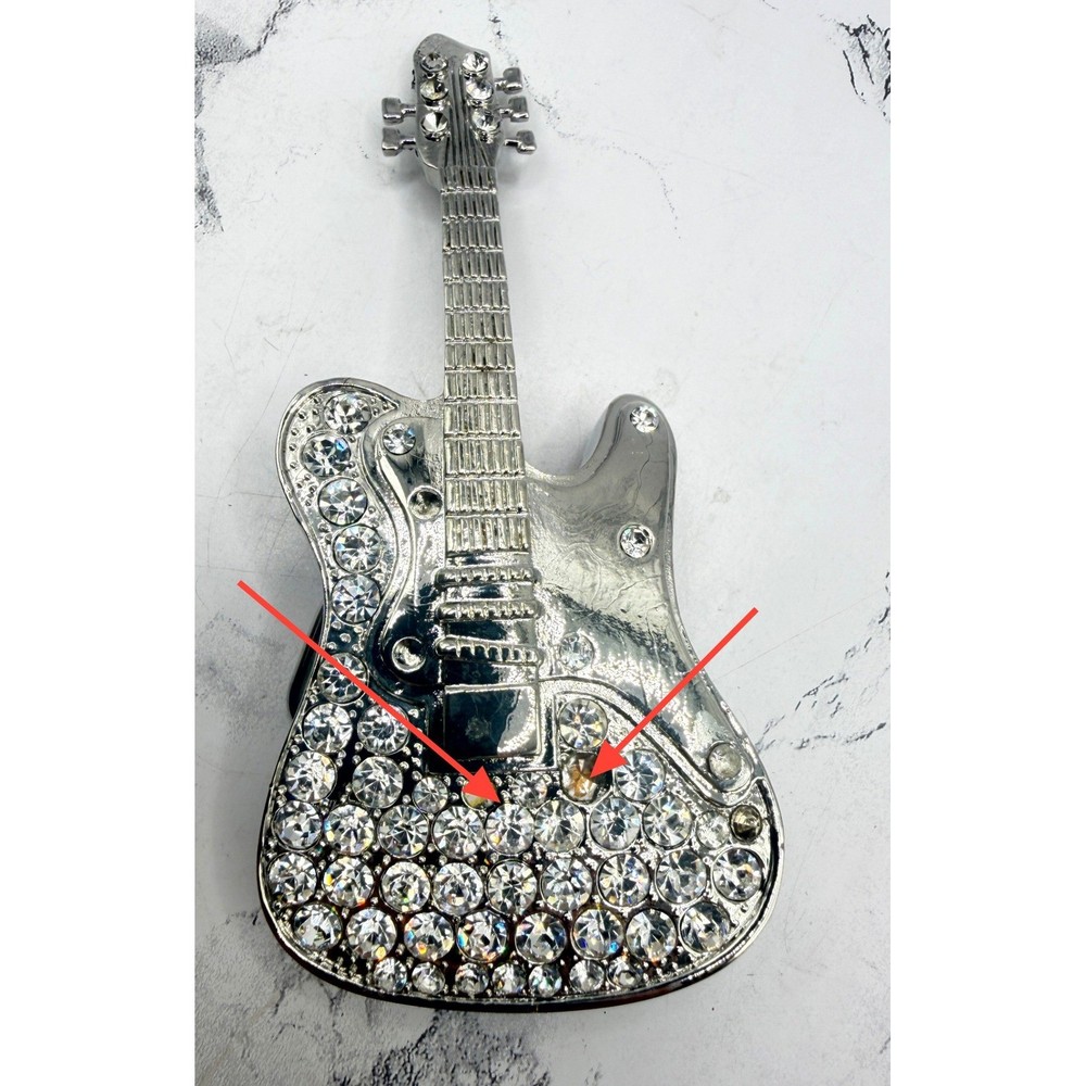 Rhinestone Guitar Belt Buckle Silver Tone Western Rock Music 5&Prime; Fits 1.5&Prime; belt