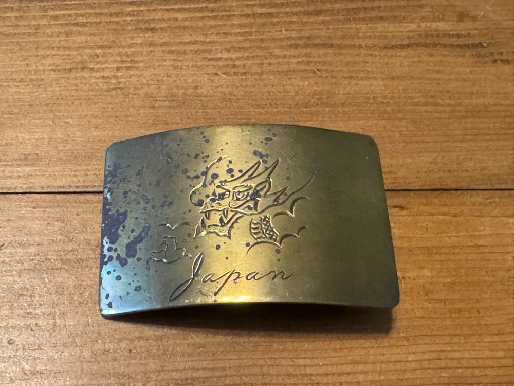Vintage Collectible Rectangular Historical Japanese Dragon Gold-Tone Belt Buckle