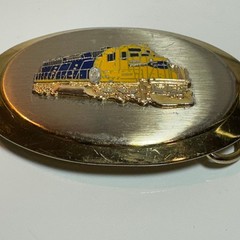 Gold Tone Oval Belt Buckle Die Cast Train Locomotive Yellow Blue